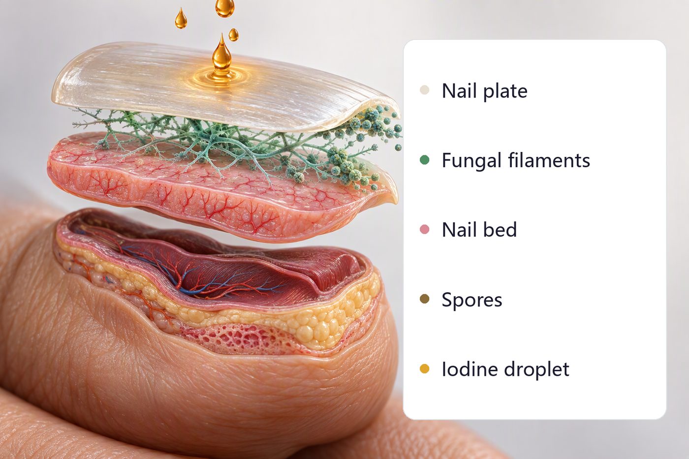 Illustration: a layered three-dimensional cross-section of a toenail, showing the nail plate, fungal filaments between plate and bed, spores near the free edge, and iodine droplets falling onto the nail surface