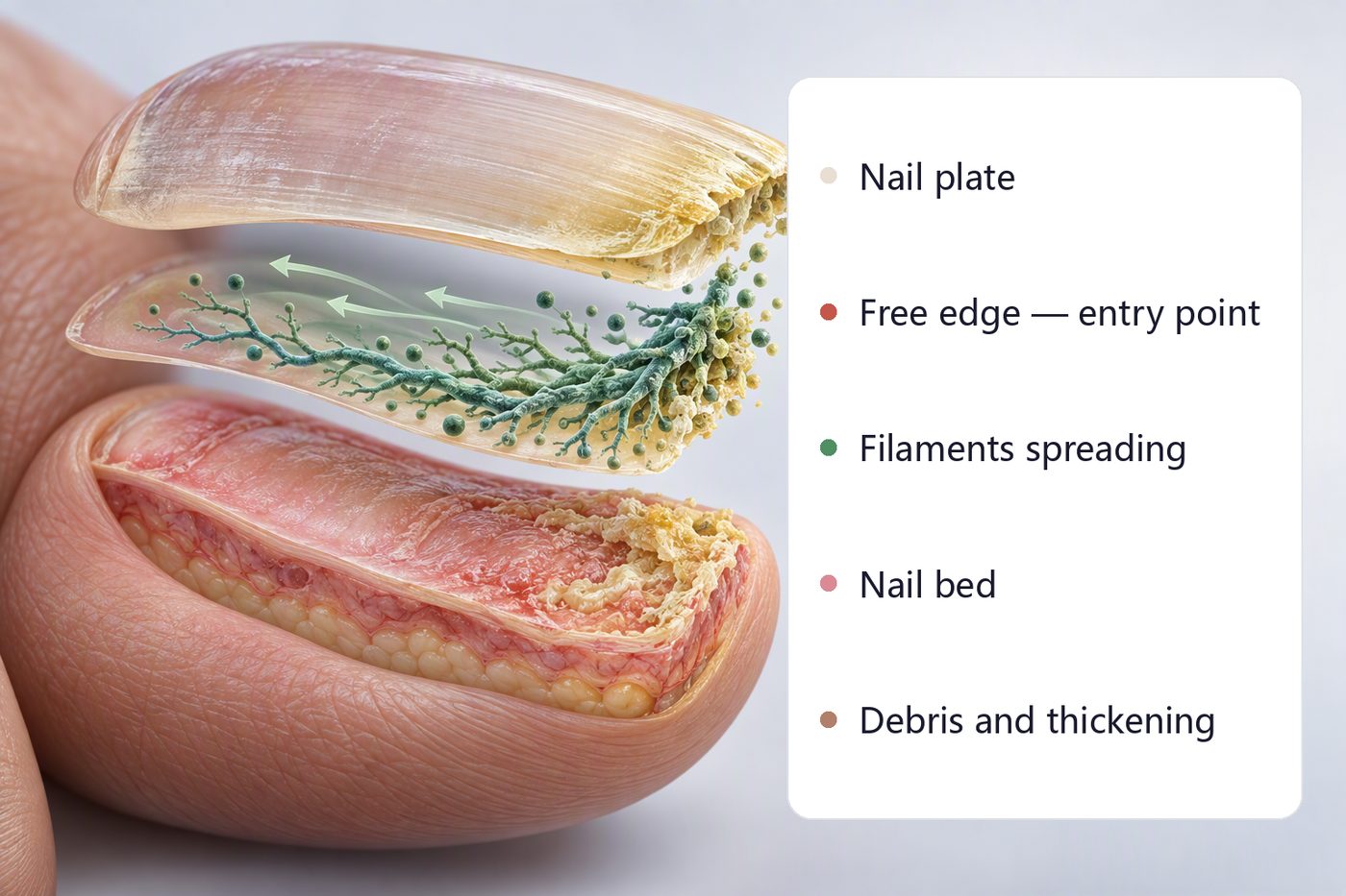 Illustration: a cutaway three-dimensional view of a big toe, with the nail plate, fungal filaments spreading from the free edge along the nail bed, and debris buildup shown as separated layers
