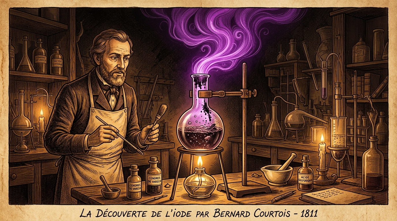 Bernard Courtois descubriendo el yodo — vapor violeta elevándose de un matraz, 1811