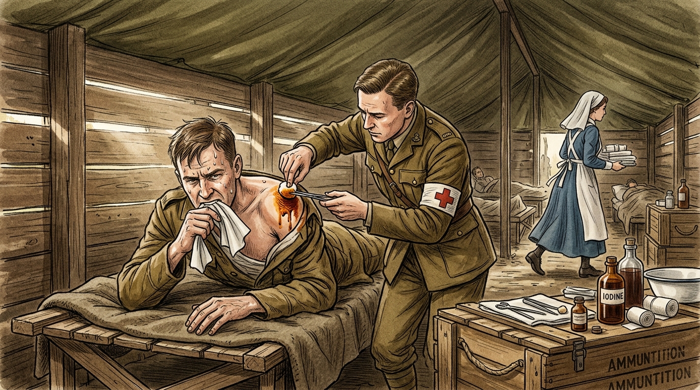 Hospital de campaña de la Primera Guerra Mundial — aplicando yodo a la herida de un soldado