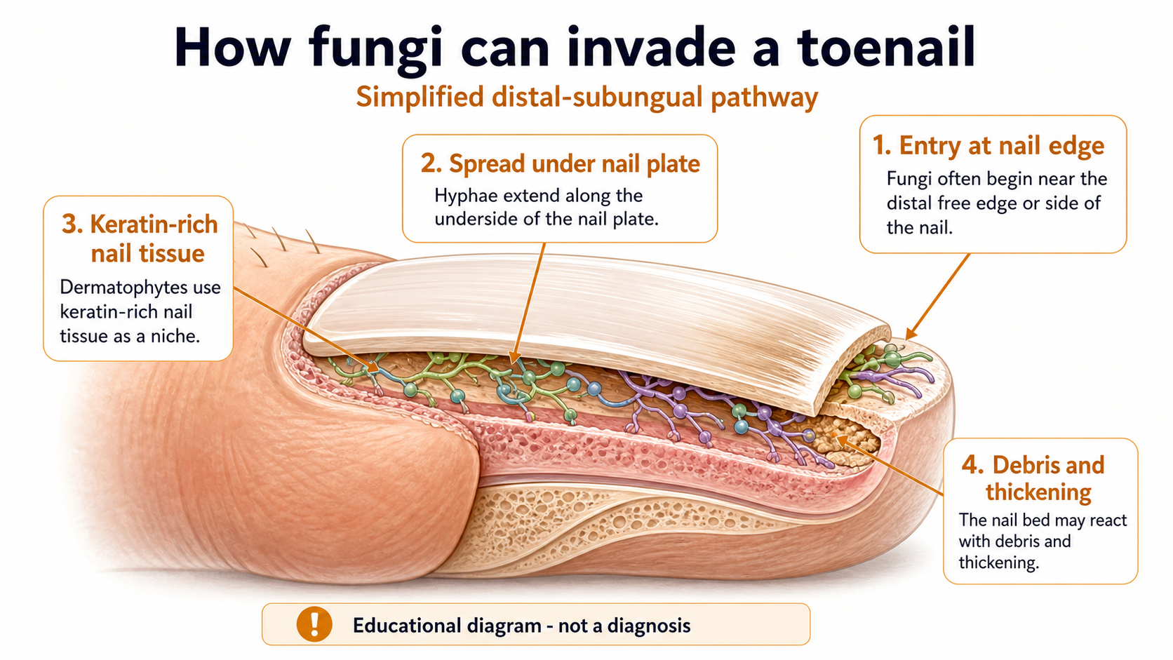 Simplified diagram of fungi entering from the nail edge and spreading under the nail plate